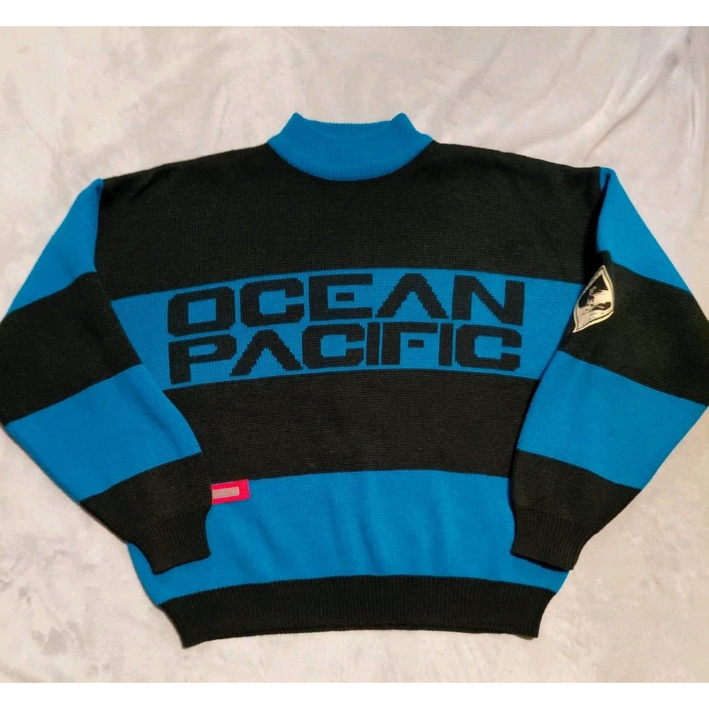 Ocean Pacific Vintage 90's Blue Stripes Logo Mock Turtleneck Sweater Size XL